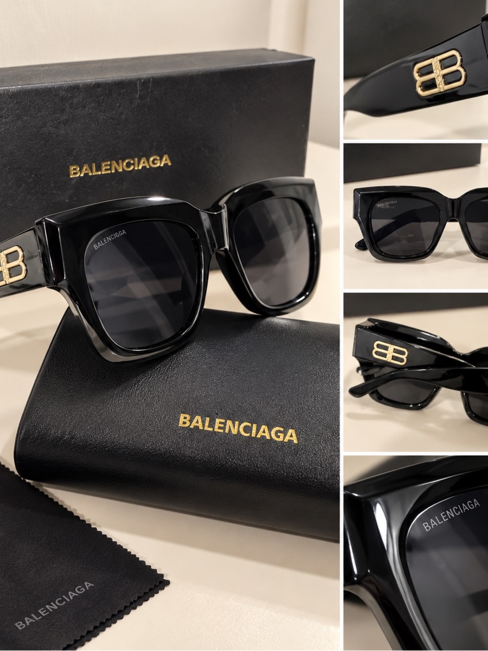 Balenciaga Black Oversized Square Sunglasses with Gold BB Accents